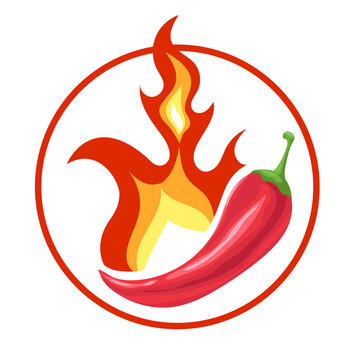 Red chilli pepeer and fire. Flamed hot spiced pepper pod. Red burning pepper icon in cartoon style. Vector illustration.