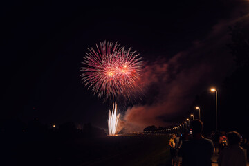 Fireworks festival at the Bundek lake, on the shore of Sava river at night, gathering big crowd of...