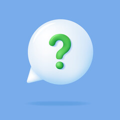 3d Chat bubble with question mark. White Speech or speak bubble on blue background. FAQ, support, help center. Social network communication concept. Vector illustration.