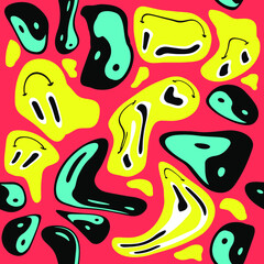 Psychedelic hippie style seamless pattern with distorted and glitched  Yin and yang symbol and cartoon abstract face.