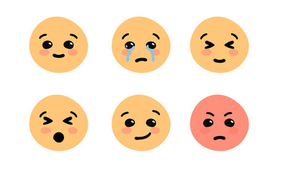 Set of Emoticons. Different emotions.  Cute emoji social network reactions icon. Yellow smilies, set smiley emotion