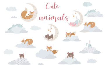 Set of cute animals on clouds and moon. Fox, bear cub and rabbit. Balloon. pastel shades. Vector illustration isolated on white background