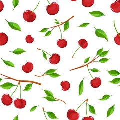 Shiny ripe cherries, separate and on branches. Summertime fresh berries. Natural food. Seamless pattern on white background