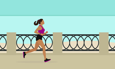 Female character in sportswear running along the embankment