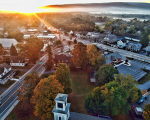 aerial view of a sunrise over a small town