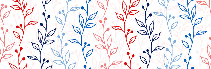Materiał do szycia Berry bush twigs hand drawn vector seamless pattern. Modern herbal graphic design. Herb plants leaves and stems illustration. Berry bush sprouts summer seamless design