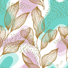 Materiał do szycia Sketch style doodle line texture leaves over stains and dots seamless vector pattern organic design.