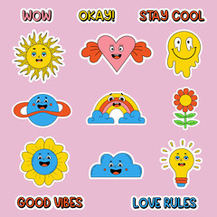 Retro stickers with funny comic cartoon characters in trendy style and cool words. Vector isolated drawings of heart, sun, flower power, melt face emotion, cloud, rainbow, space planet and light bulb.