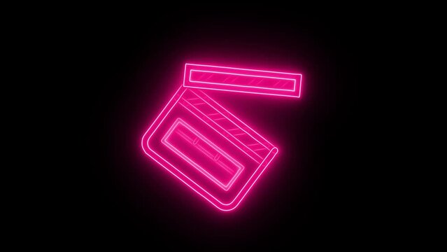Glowing neon line Movie clapper icon isolated on black background. Film clapper board. Clapperboard sign. Cinema production or media industry. 4K Video motion graphic animation
