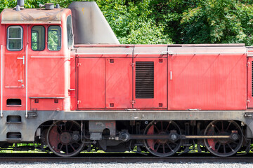 Closeup old diesel shunting locomotive rod drive
