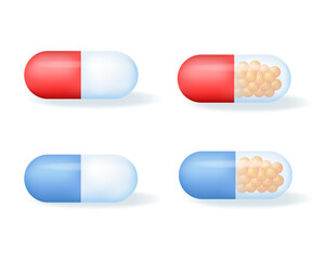 Medical pills, capsules or drugs. Healthcare and medicine concept. 3d medicine vector icons isolated on white background.