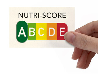 Nutrition Score, Nutri Score Label, Hand isolated on white background