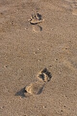 'Barefoot tracks on sandy beach in late afternoon sun'