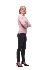 Full length, side view of a confident business woman standing with folded hands