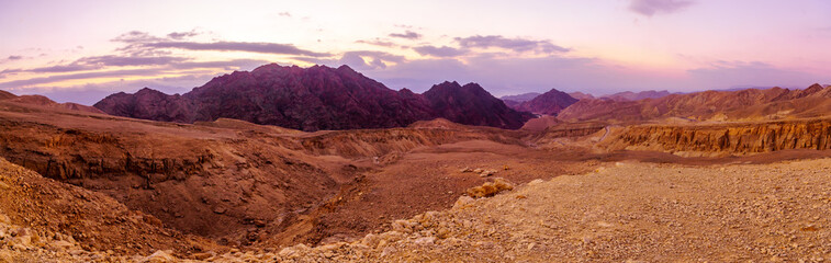Sunrise panorama of Mount Shlomo and the Gulf of Aqaba - obrazy, fototapety, plakaty