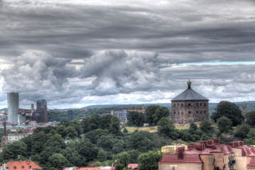 Fortress named "Skansen Krona" on a hill in central Gothenburg, Sweden. Diffuse cityscape on the side of the image.