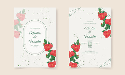 Double sided wedding invitation template with Red flower Premium Vector