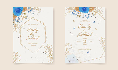 Double sided wedding invitation template with blue flower Premium Vector