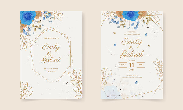 Double Sided Wedding Invitation Template With Blue Flower Premium Vector