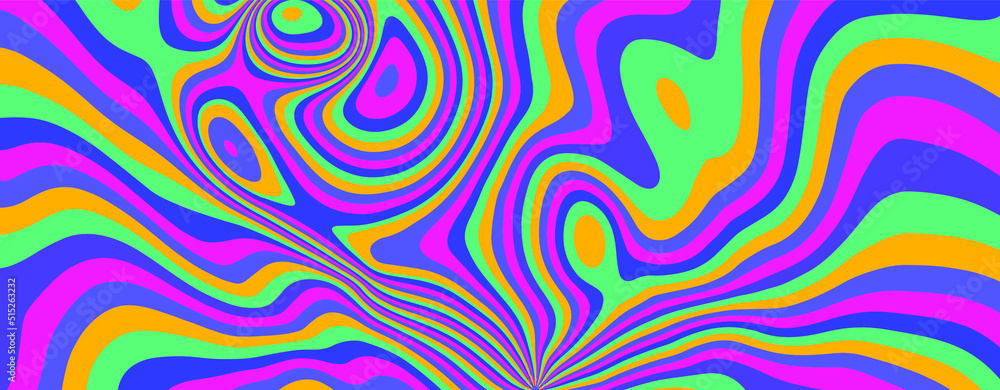 Poster op-art acidic background with distorted texture in neon colors. concept of hallucinations and vision