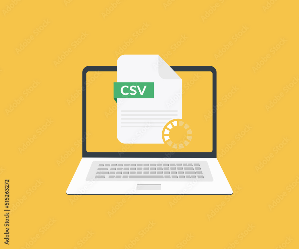 Poster laptop on screen csv file, comma-separated values document type logo design. downoald file with csv 