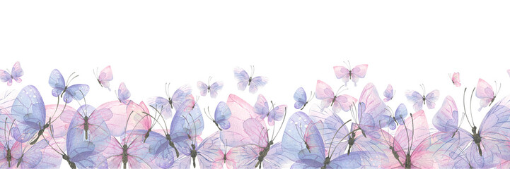 Horizontal banner with delicate pink and lilac butterflies. Watercolor illustration. Seamless pattern. For registration and design of certificates, invitations, banners. websites, postcards, prints.