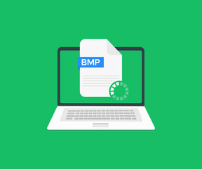 Laptop and download BMP file logo design. BMP file conversion square vector design and illustration.
