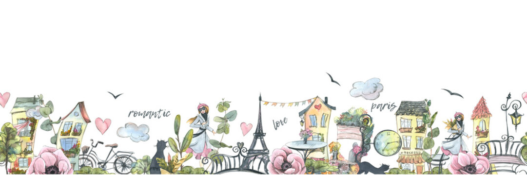 Horizontal banner with houses, Eiffel Tower, Parisian woman, flowers and plants. Watercolor illustration with graphic elements. Seamless pattern from a large set of PARIS. For decoration and design.