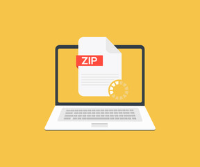 Laptop and download ZIP file, ZIP file document on screen logo design. Download zip button vector design and illustration.