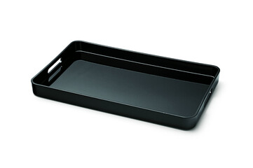 Modern black reflective rectangular tray, isolated on white