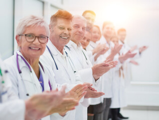 smiling female doctor standing in front of her applauding colleagues.