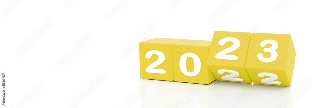 Poster 2023 new year, happy new year 2023, 3d illustration of 2023 yellow dices turning year from 2022 to 2