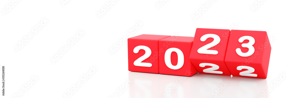 Poster 2023 new year, happy new year 2023, 3d illustration of 2023 red dices turning year from 2022 to 2023