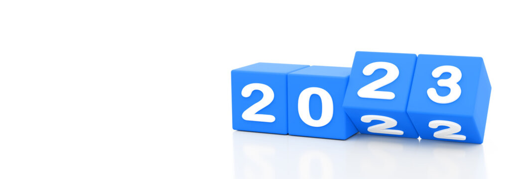 2023 new year, happy new year 2023, 3d illustration of 2023 blue dices turning year from 2022 to 2023. white background with empty space for text