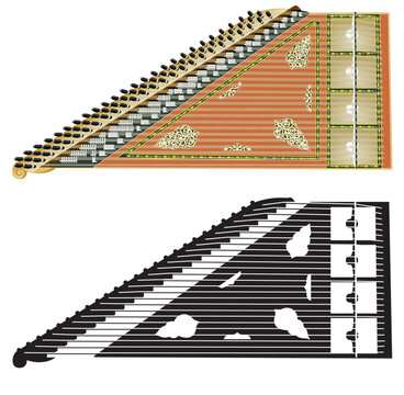 Vector art of the zither instrument known as a Kanun or Qanun in full color and as line art