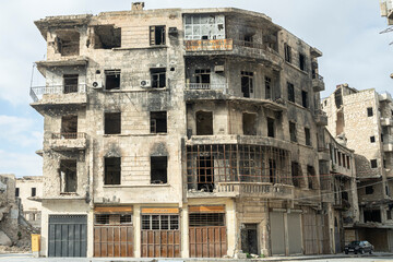 City of Aleppo and destroyed building in Syria