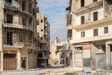 City of Aleppo and destroyed building in Syria