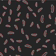 Line Inflatable boat with outboard motor icon isolated seamless pattern on black background. Vector