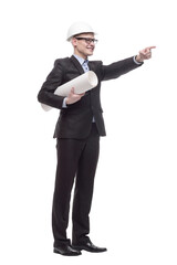 in full growth. young architect with drawings.