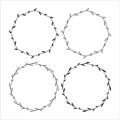 Set of 4 hand drawn spring wreaths isolated on white background, vector. Outline and silhouette frames with leaves. Doodle style.Collection of floral monogram frames.