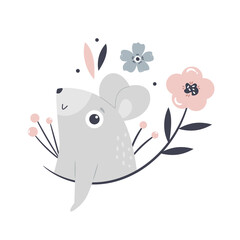 Vector illustration of a cute mouse and floral elements.