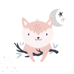 Vector illustration of a cute fox on a branch and moon