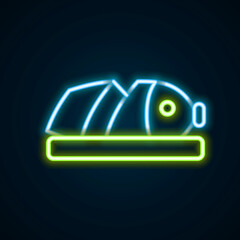 Glowing neon line Fish with sliced pieces with knife icon isolated on black background. Colorful outline concept. Vector