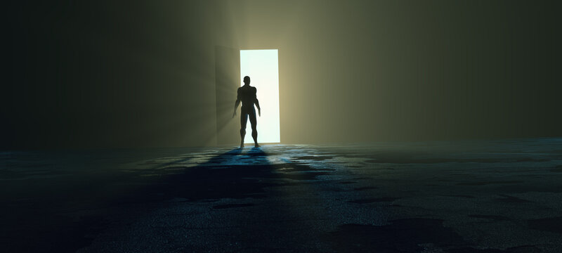 Copyspace design of hope amid the gloom concept, a bright exit door in dark room, the light at the end of the tunnel.