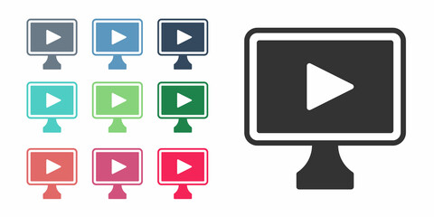 Black Online play video icon isolated on white background. Film strip with play sign. Set icons colorful. Vector
