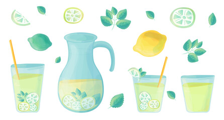 A set of glasses and a jug with lemonade, fruit smoothie. Mint leaves, lime, lemons. Refreshing summer homemade drinks. Color vector isolated illustration in watercolor style.