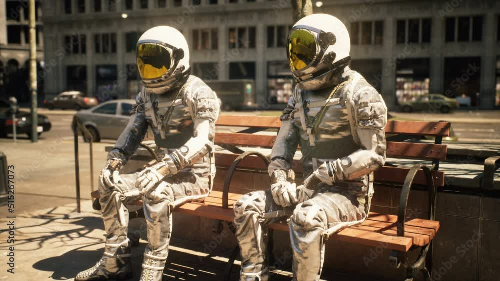 Canvas Prints astronauts talking on a bench on a sunny day in a major metropolis. cosmonauts resting after space t