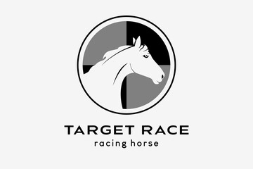 Racehorse or racing horse logo design, horse head silhouette on black and white background in circle
