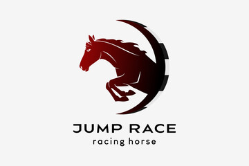 Racehorse or racing horse logo design, horse silhouette jumping in circle