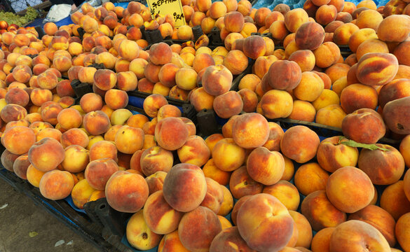 Orange peaches on the market bench or counter. Aegean or Mediterranean agricultural products background concept photo.